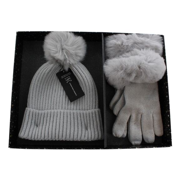 INC International Concepts Faux Fur Gray Beanie Hat & Gloves Gift Set #GS004 - Picture 1 of 1